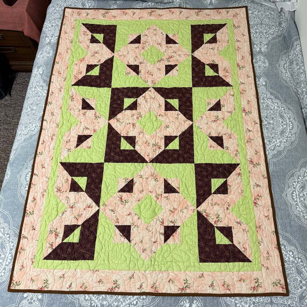 Handmade Patchwork Quilt Summer Blooms Floral Geometric Pink Green 51x42